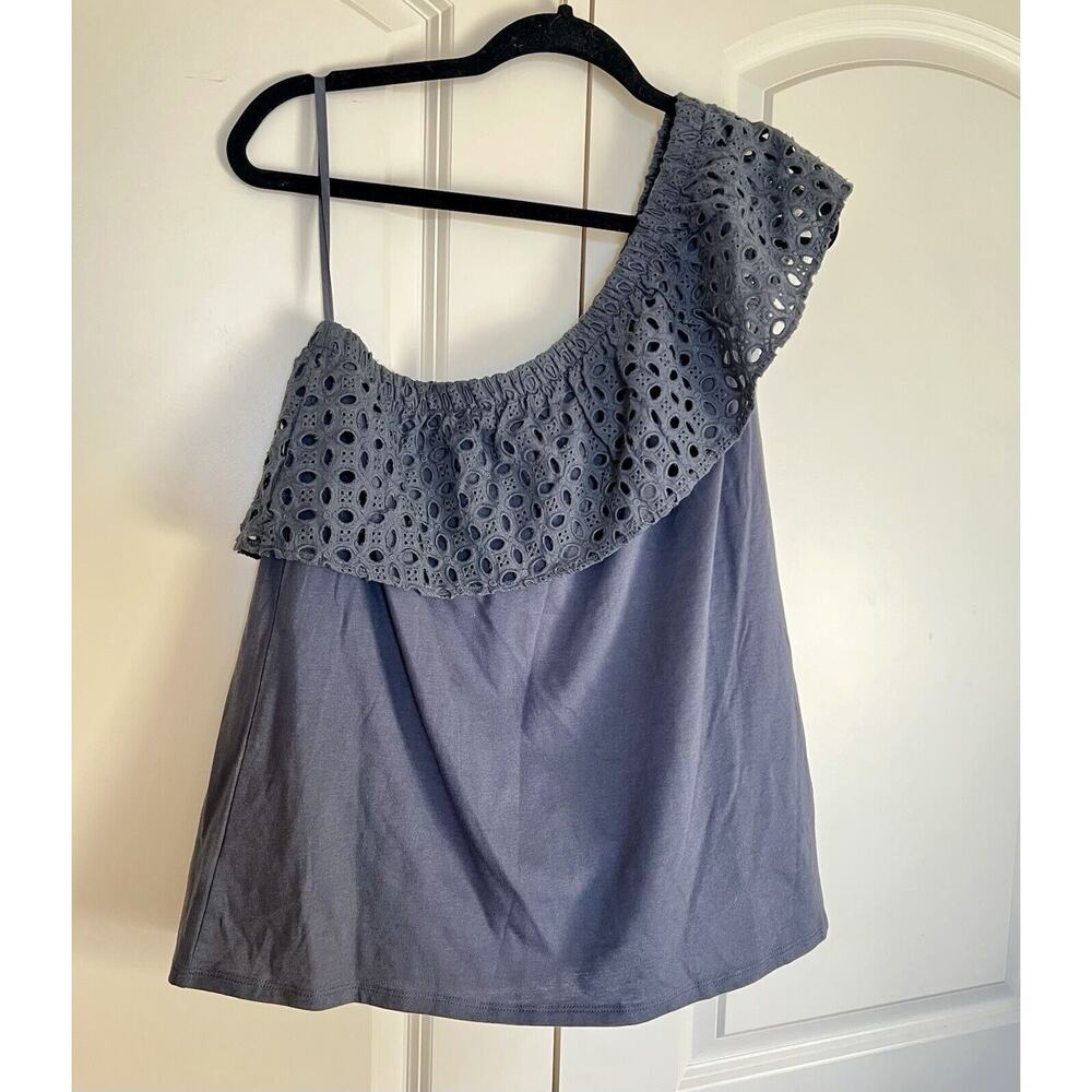 NWT LOFT Cotton Eyelet One Shoulder Top Grey Ann Taylor Size M